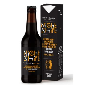   Horizont Night Shift Vintage 2023 Gerbeaud-inspired Pastry Barley Wine Rhum Agricole hordóban érlelve csokoládéval, kajszibarackkal és dióval 10,3% 0,33l