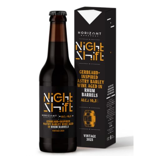 Horizont Night Shift Vintage 2023 Gerbeaud-inspired Pastry Barley Wine Rhum Agricole hordóban érlelve csokoládéval, kajszibarackkal és dióval 10,3% 0,33l